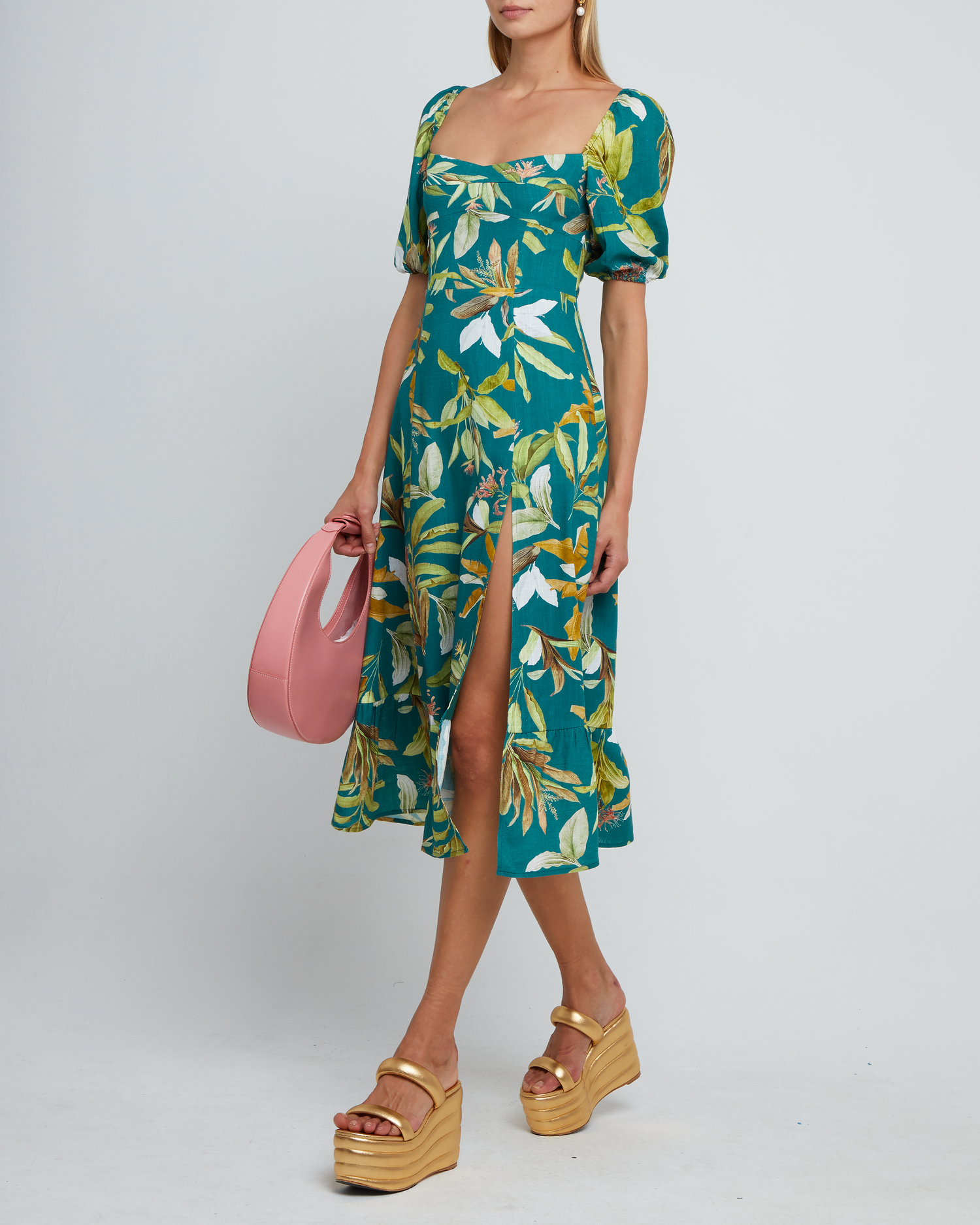 Fourth image of Violetta Midi Dress, a green midi dress, sweetheart neckline, short sleeves, puff sleeves, side slit, tropical print, floral