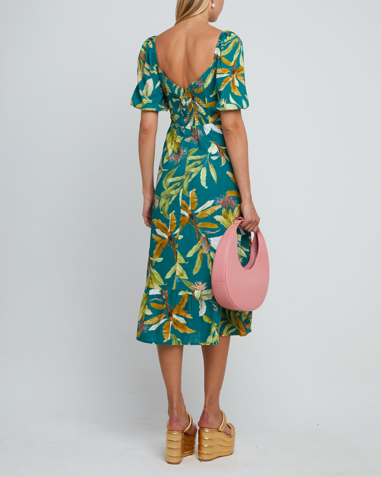 Fifth image of Violetta Midi Dress, a green midi dress, sweetheart neckline, short sleeves, puff sleeves, side slit, tropical print, floral