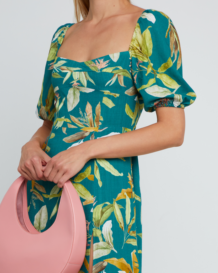 Sixth image of Violetta Midi Dress, a green midi dress, sweetheart neckline, short sleeves, puff sleeves, side slit, tropical print, floral