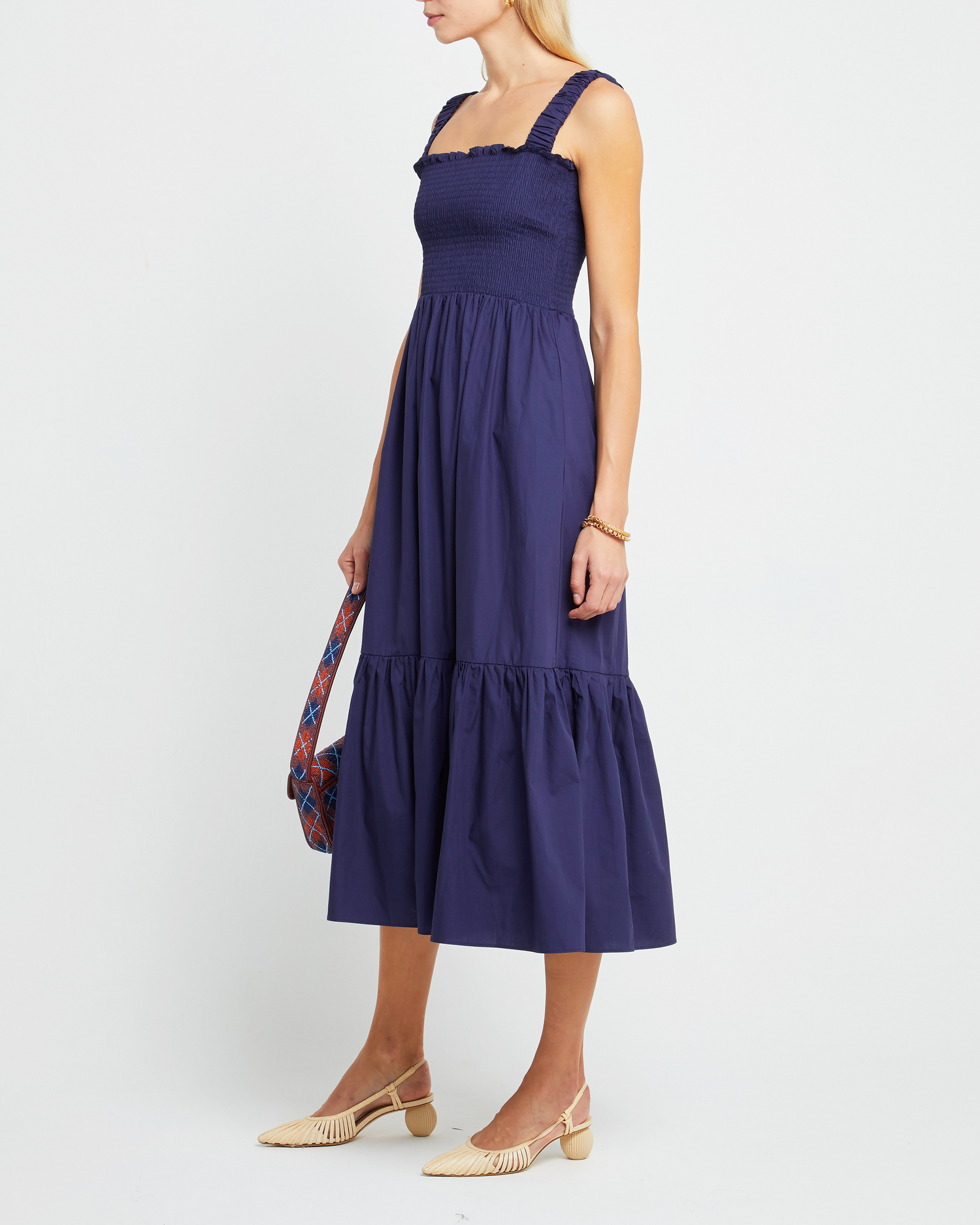 Third image of Cotton Isla Dress, a blue midi dress, smocked, square neckline, tiered skirt, tank