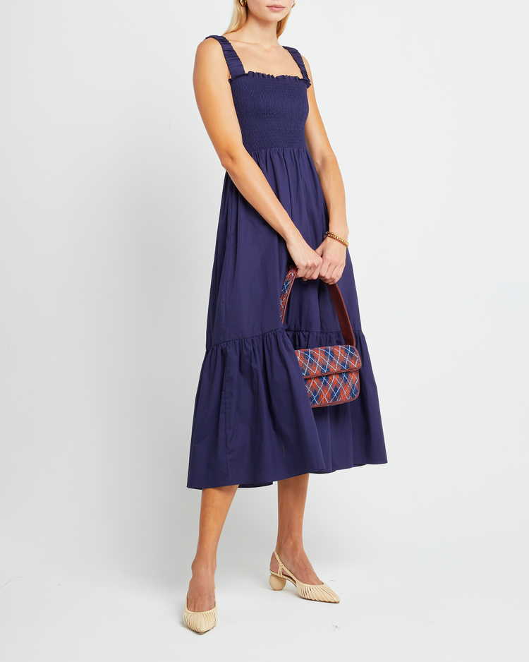 Fourth image of Cotton Isla Dress, a blue midi dress, smocked, square neckline, tiered skirt, tank
