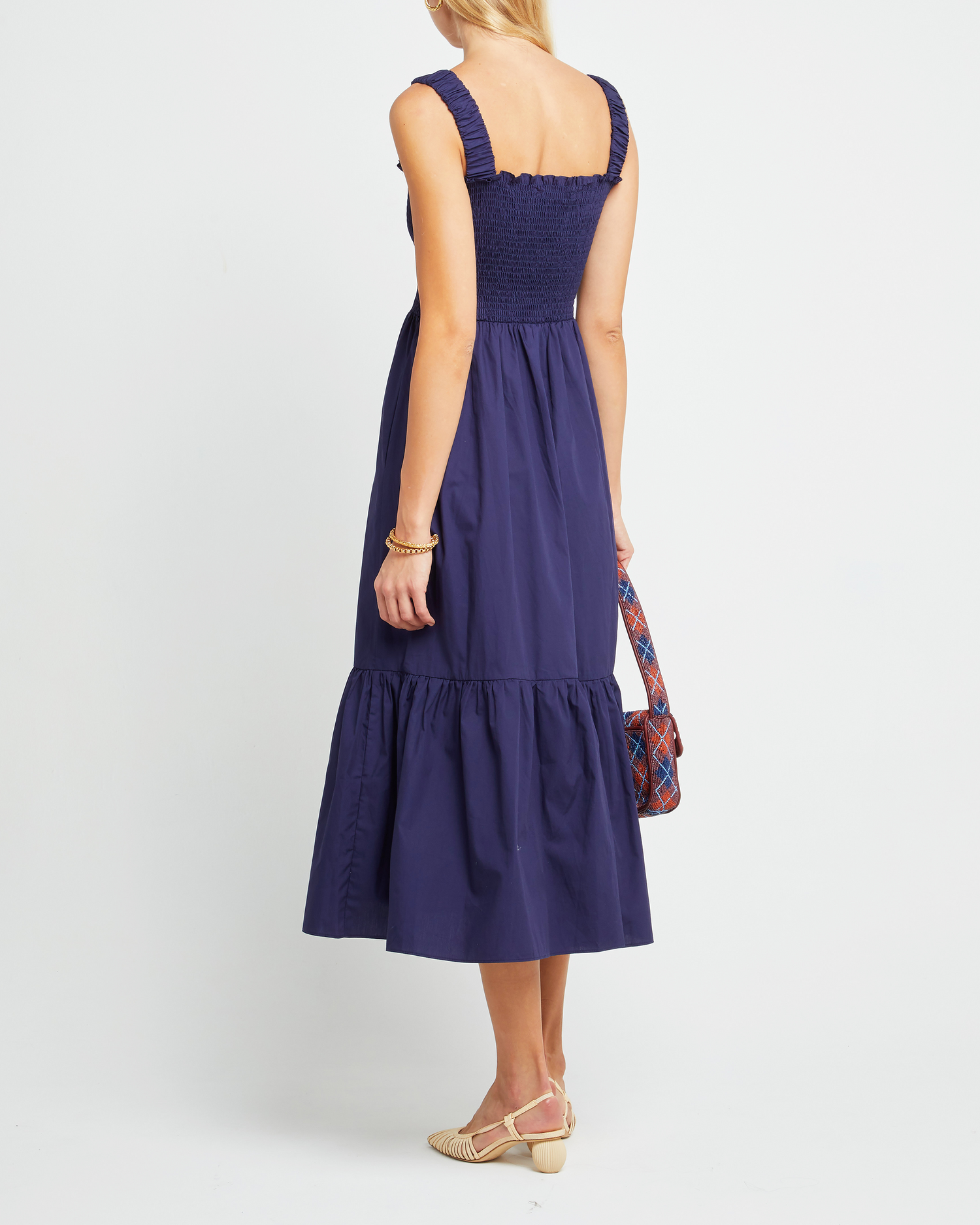 Fifth image of Cotton Isla Dress, a blue midi dress, smocked, square neckline, tiered skirt, tank