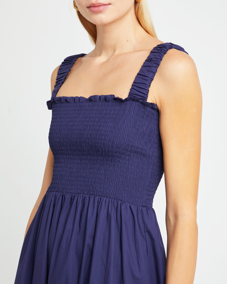 Sixth image of Cotton Isla Dress, a blue midi dress, smocked, square neckline, tiered skirt, tank