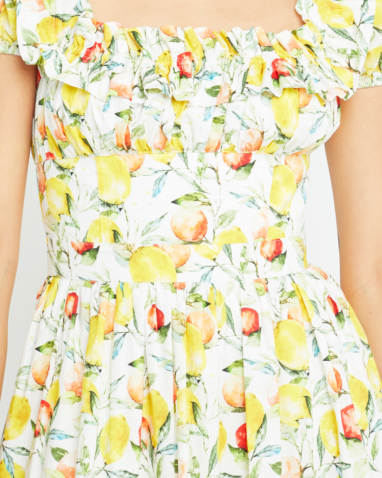 Sixth image of Allegra Dress, a midi dress, fruit print, off the shoulder, ruffle, puff sleeve