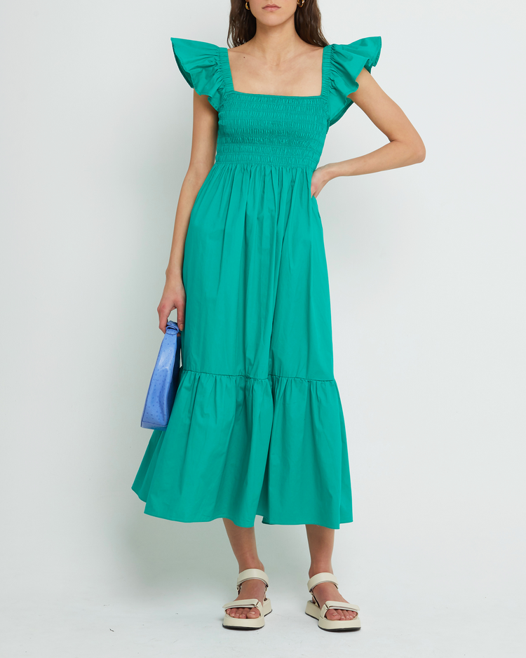 Fourth image of Tuscany Dress, a green maxi dress, smocked bodice, ruffled cap sleeves, pockets