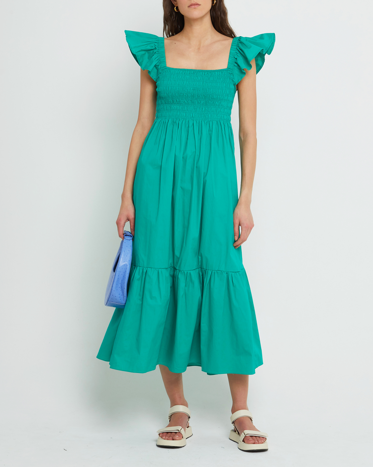 First image of Tuscany Dress, a green maxi dress, smocked bodice, ruffled cap sleeves, pockets