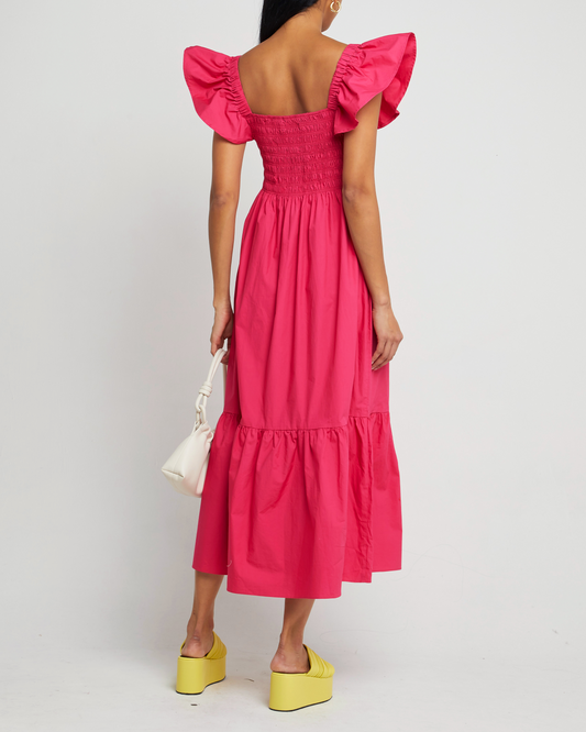 Second image of Tuscany Dress, a pink maxi dress, smocked bodice, ruffled cap sleeves, pockets