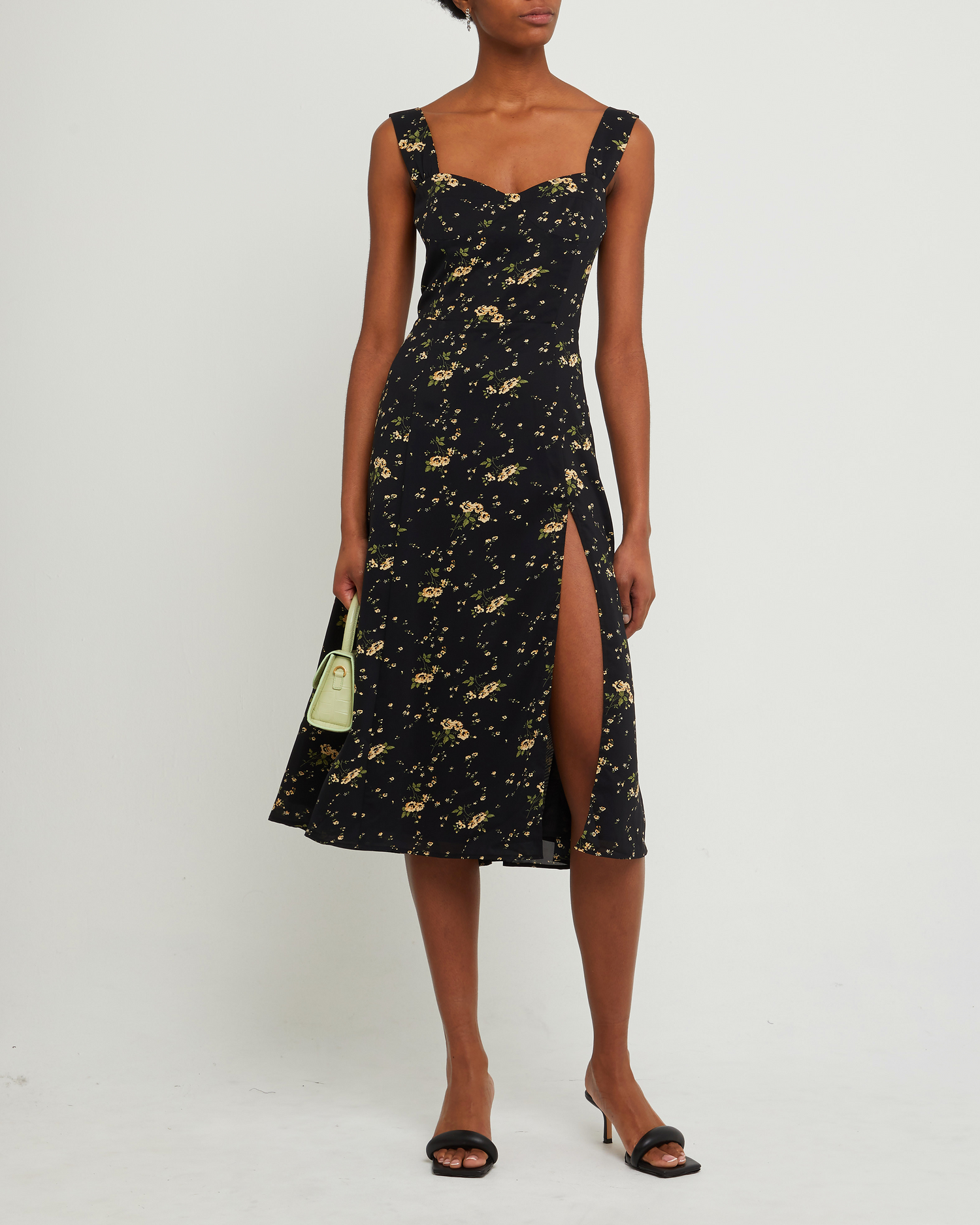 First image of Amari Dress, a black midi dress, side slit, floral, tank