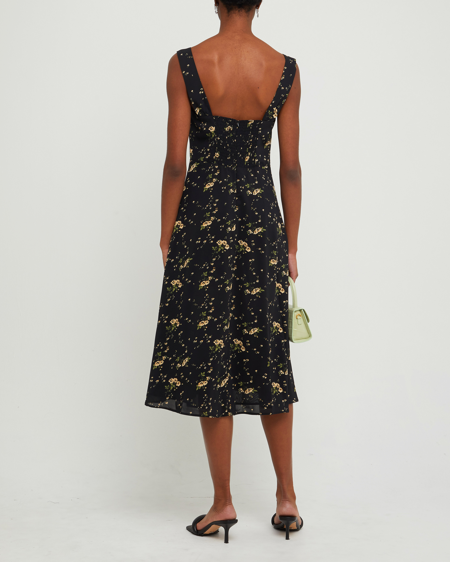 Fifth image of Amari Dress, a black midi dress, side slit, floral, tank