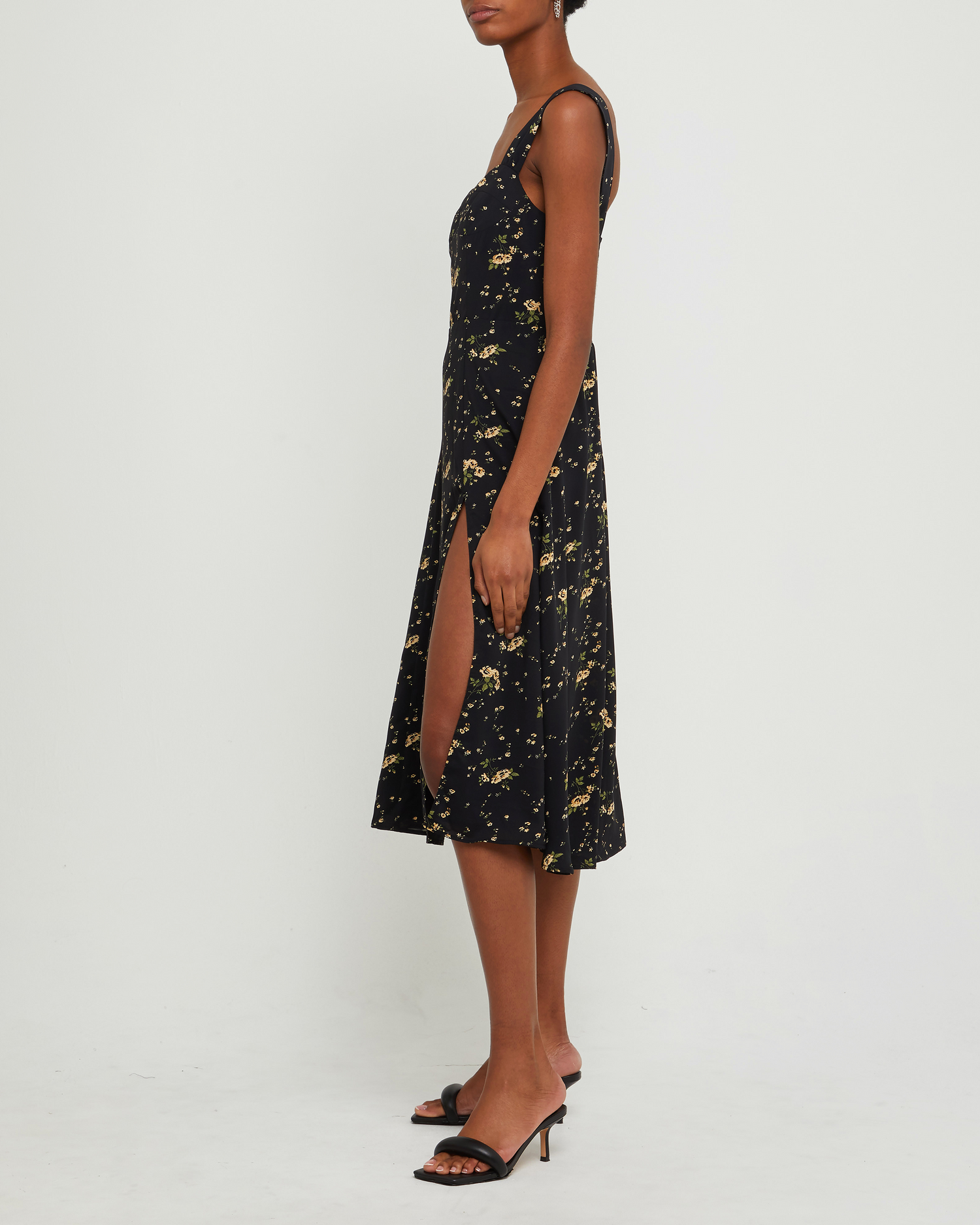 Sixth image of Amari Dress, a black midi dress, side slit, floral, tank