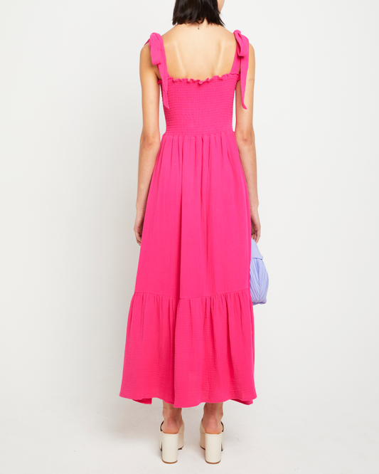 Second image of Cotton Winnie Dress, a pink maxi dress, tie straps, smocked bodice