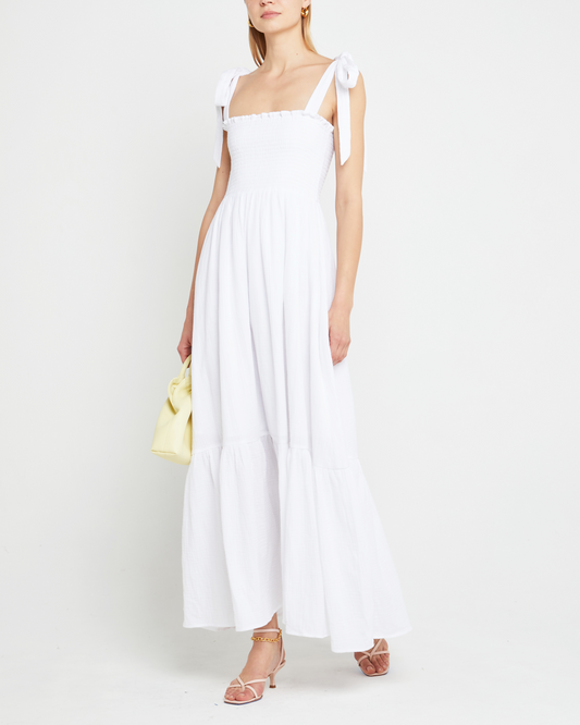 First image of Cotton Winnie Dress, a white maxi dress, tie straps, smocked bodice