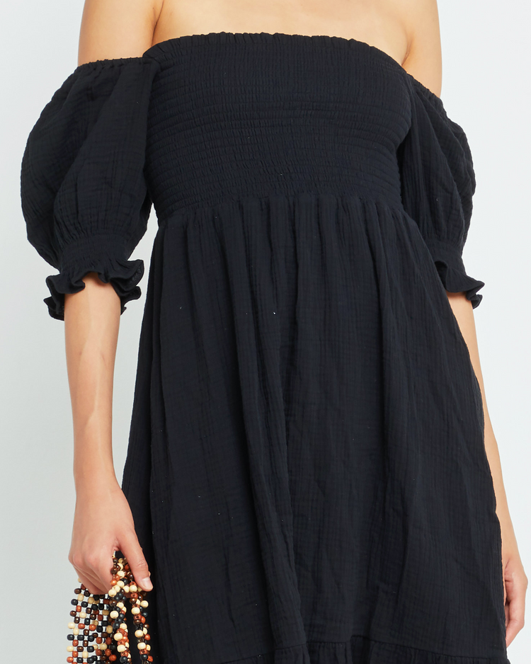Sixth image of Angie Dress, a black midi dress, puff sleeves, smocked bodice, square neckline