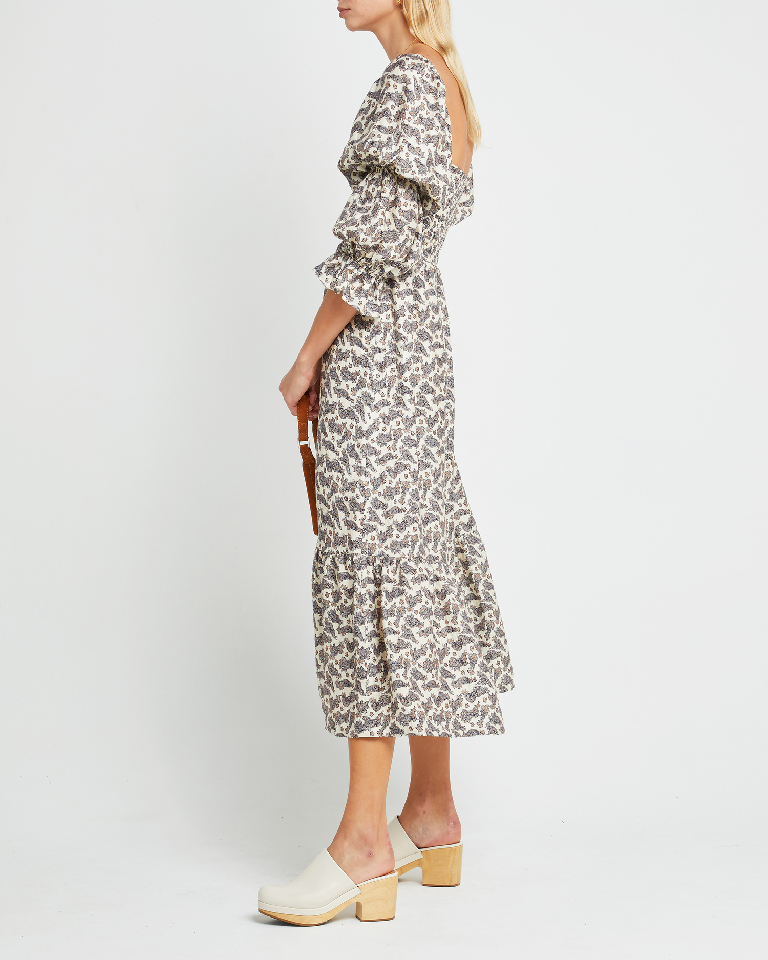 Third image of Brigitte Dress, a floral maxi dress, puff sleeves, square neck, smocked
