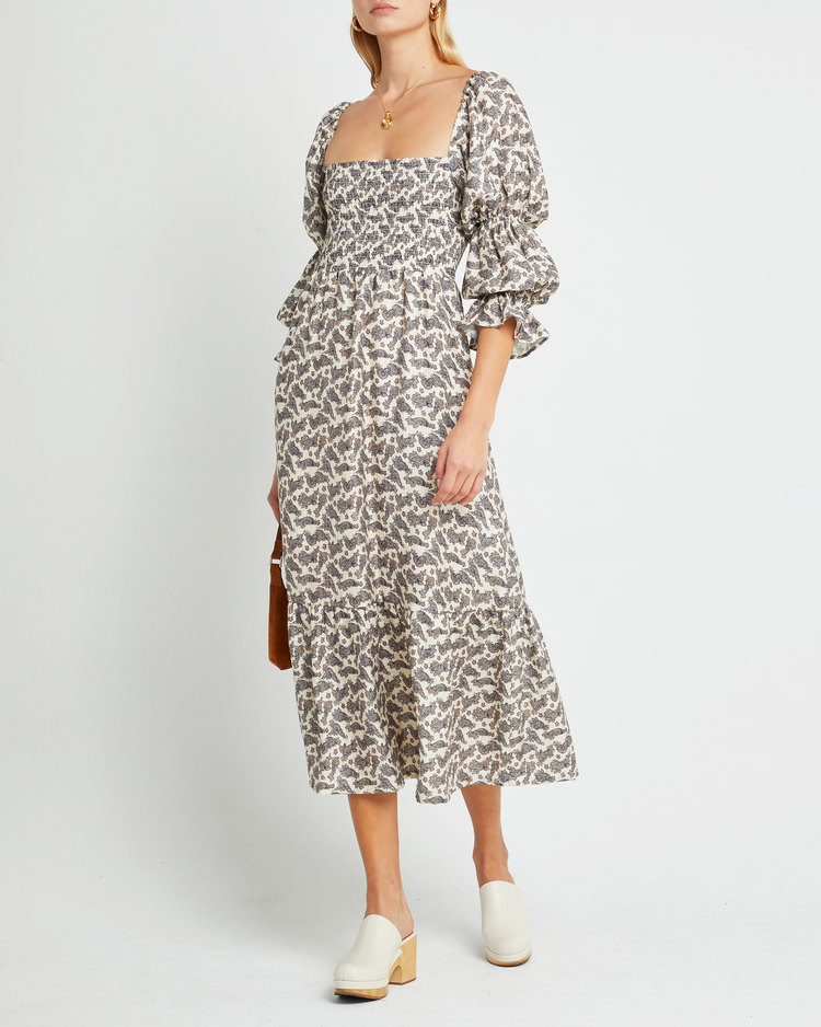 Fourth image of Brigitte Dress, a floral maxi dress, puff sleeves, square neck, smocked