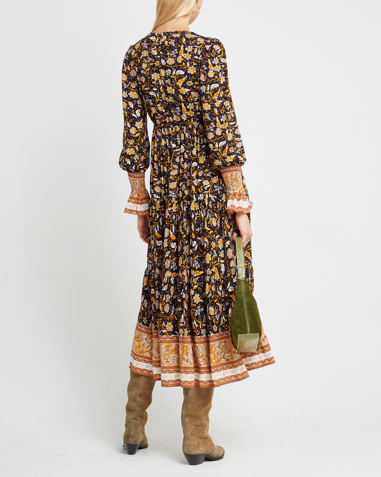 Second image of Zuri Dress, a yellow midi dress, long sleeve, fall, floral, V-neck, plunge