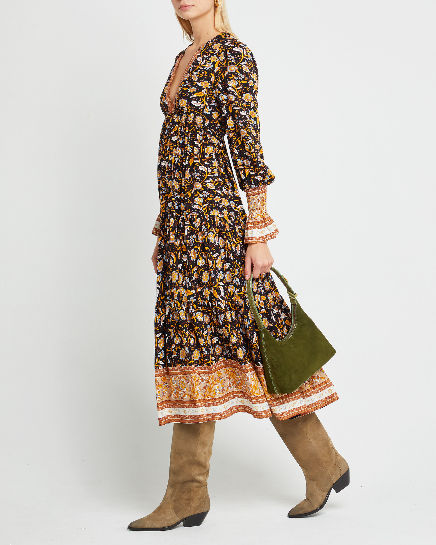 Third image of Zuri Dress, a yellow midi dress, long sleeve, fall, floral, V-neck, plunge