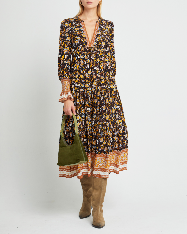 Fourth image of Zuri Dress, a yellow midi dress, long sleeve, fall, floral, V-neck, plunge