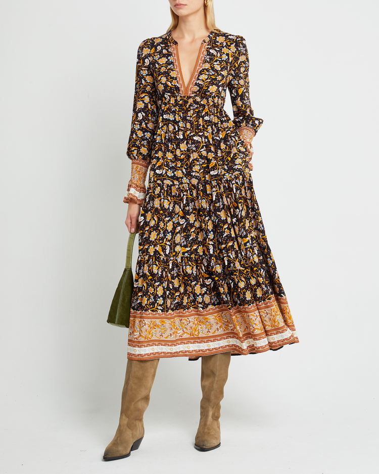 Fifth image of Zuri Dress, a yellow midi dress, long sleeve, fall, floral, V-neck, plunge