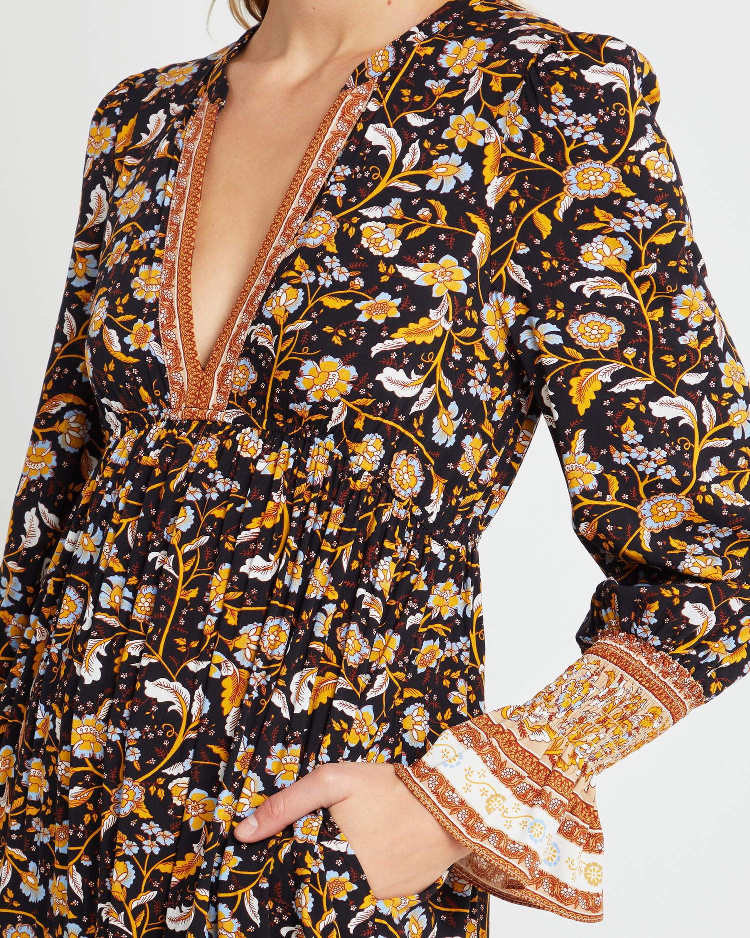Sixth image of Zuri Dress, a yellow midi dress, long sleeve, fall, floral, V-neck, plunge