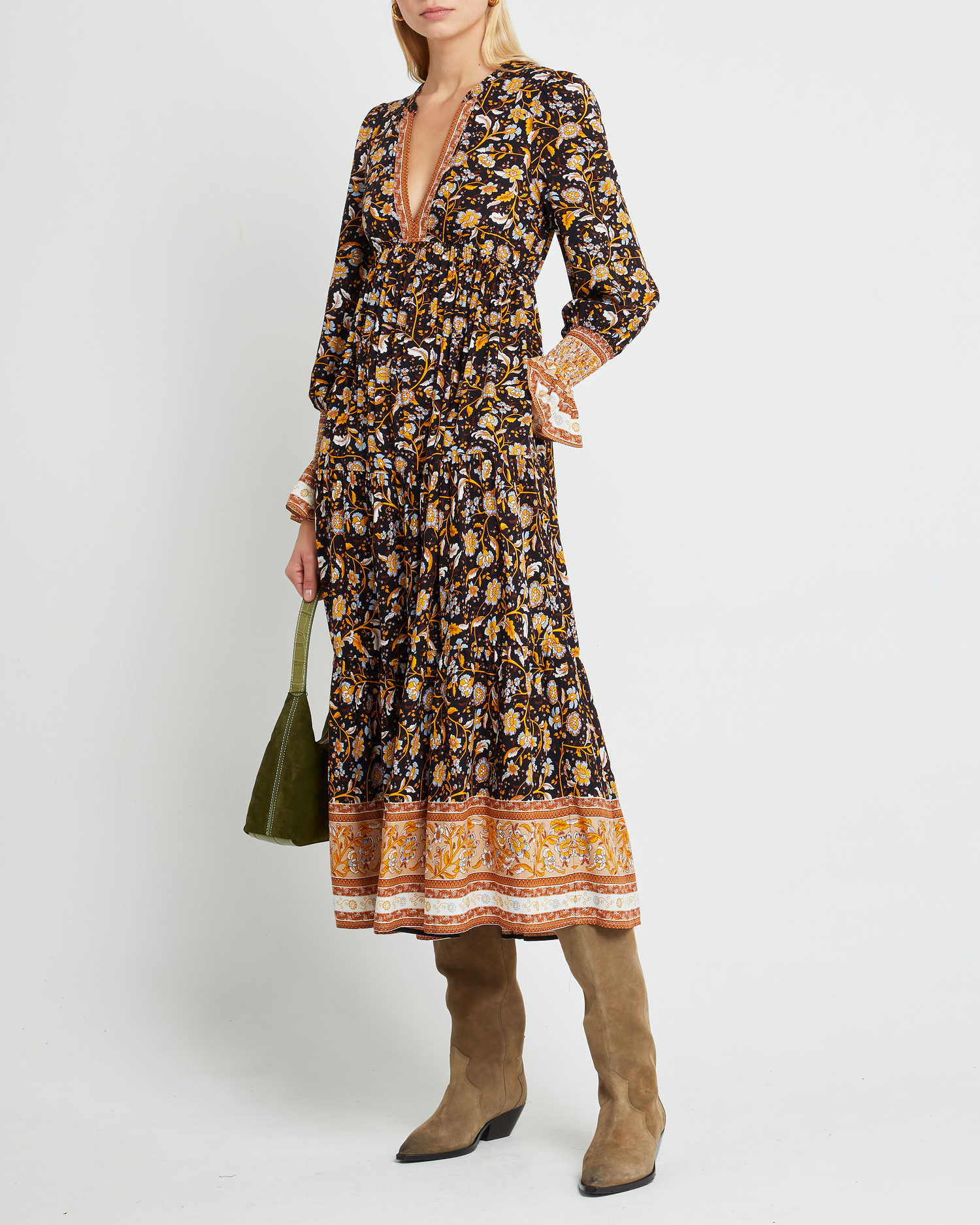 First image of Zuri Dress, a yellow midi dress, long sleeve, fall, floral, V-neck, plunge