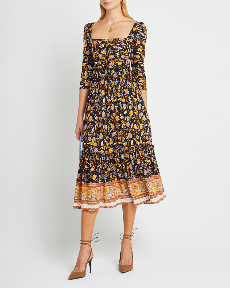 Fourth image of Willow Dress, a floral midi dress, floral, square neckline, 3/4 sleeves, fall, floral, pockets