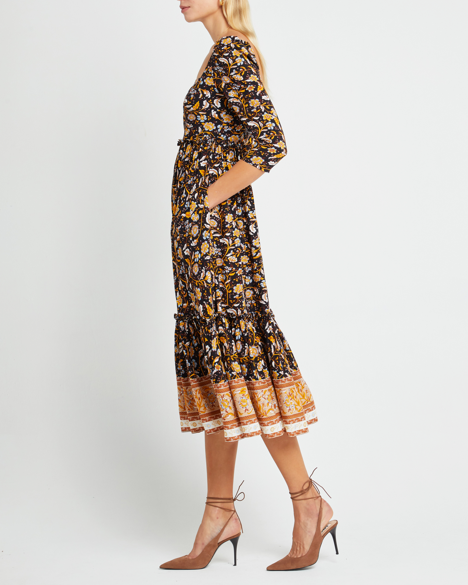 Fifth image of Willow Dress, a floral midi dress, floral, square neckline, 3/4 sleeves, fall, floral, pockets