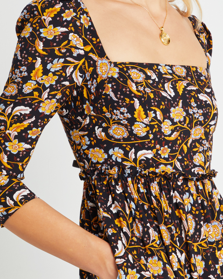 Sixth image of Willow Dress, a floral midi dress, floral, square neckline, 3/4 sleeves, fall, floral, pockets