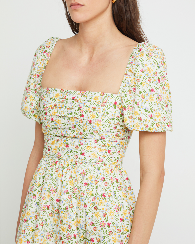 Sixth image of River Dress, a floral midi dress, square neckline, short puff sleeves, gathered bodice