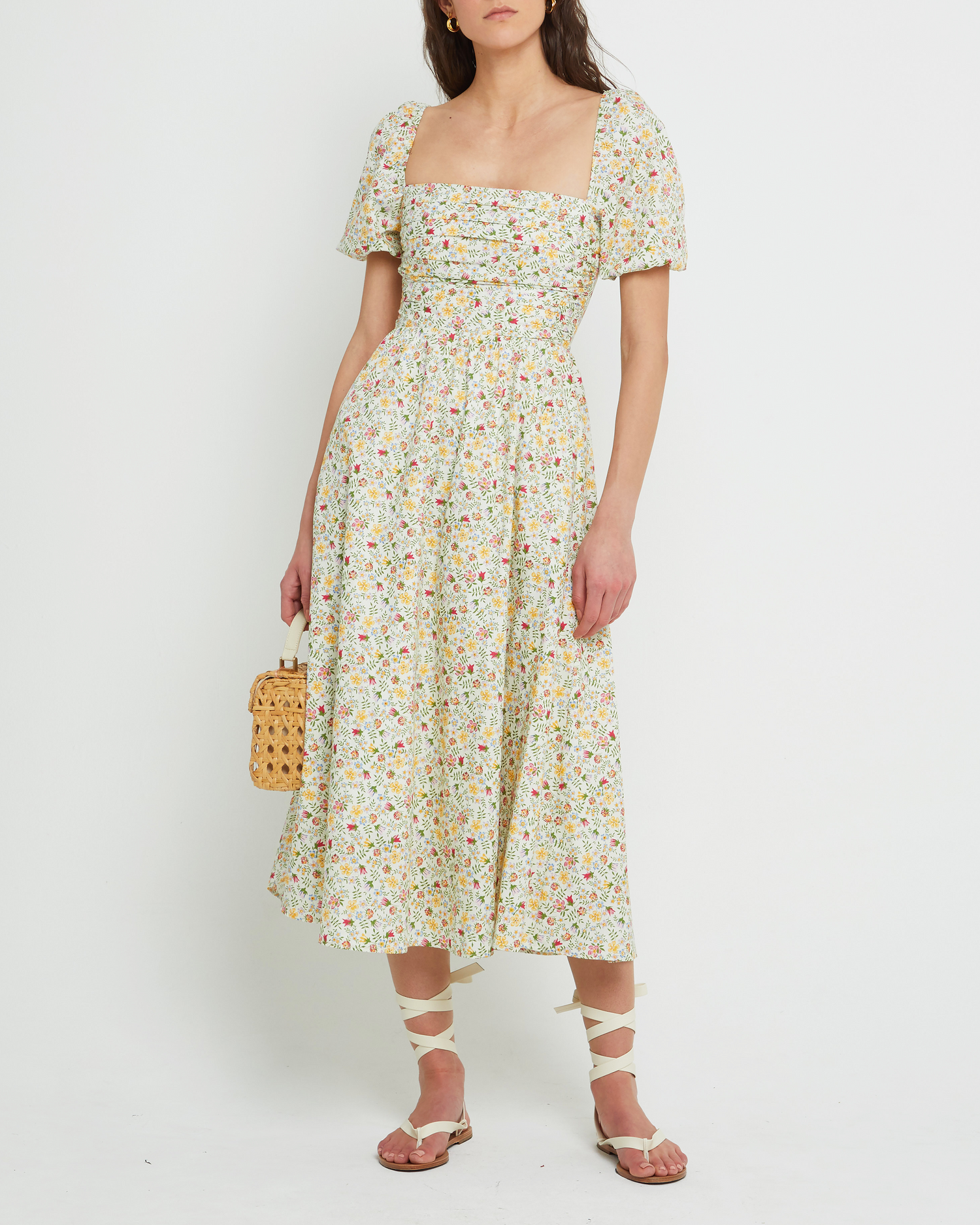 First image of River Dress, a floral midi dress, square neckline, short puff sleeves, gathered bodice