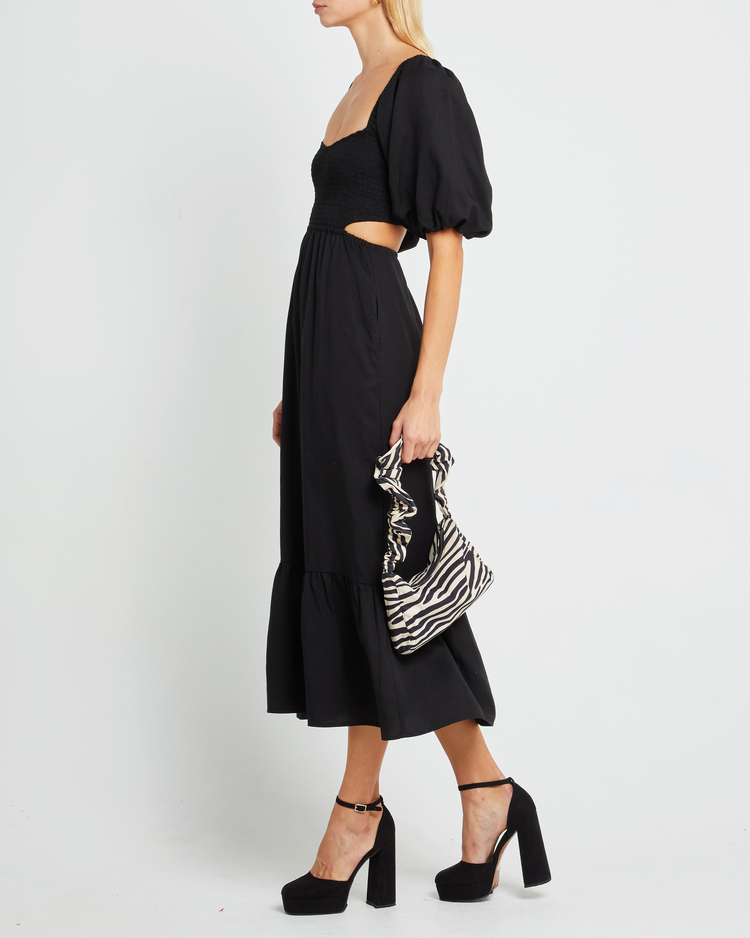 Third image of Leighton Dress, a black maxi dress, open back, short sleeve, puff sleeve, pocket, cut out
