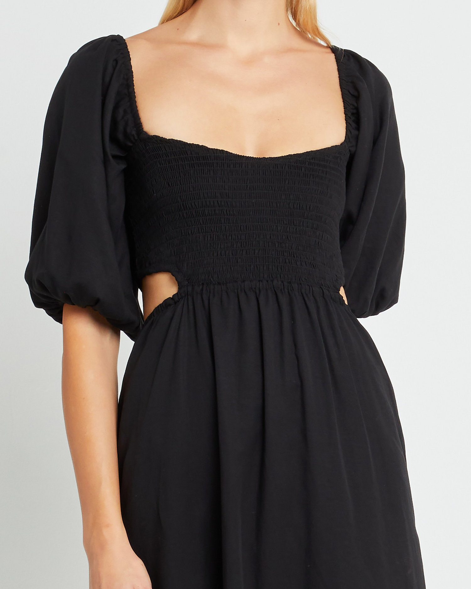 Fifth image of Leighton Dress, a black maxi dress, open back, short sleeve, puff sleeve, pocket, cut out