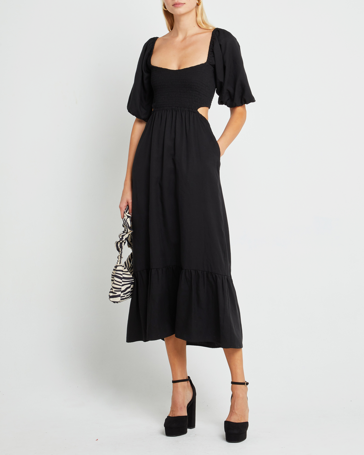 First image of Leighton Dress, a black maxi dress, open back, short sleeve, puff sleeve, pocket, cut out