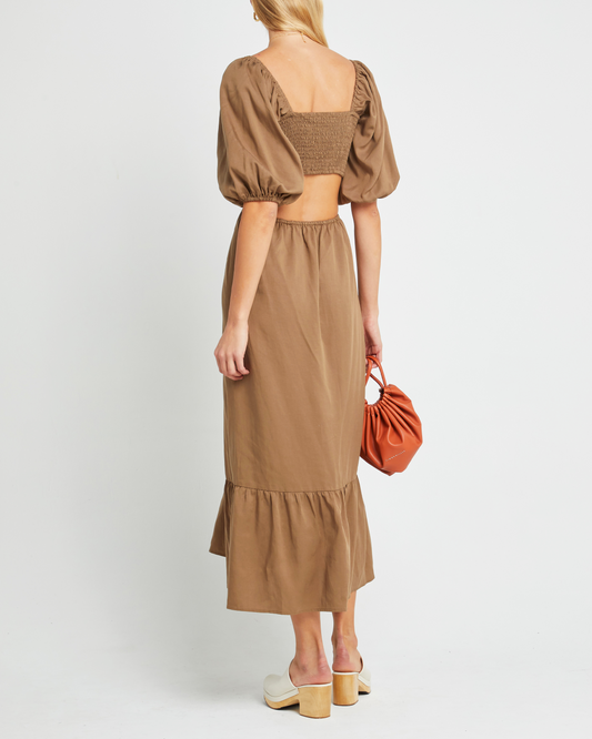 Second image of Leighton Dress, a  maxi dress, open back, cut outs, puff sleeves, short sleeves