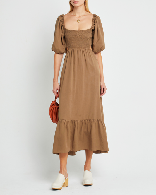 First image of Leighton Dress, a  maxi dress, open back, cut outs, puff sleeves, short sleeves