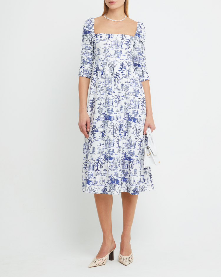 Fourth image of Bonnie Dress, a blue midi dress, toile, pockets, ruched sleeves, square neckline, long sleeves, 3/4 sleeves