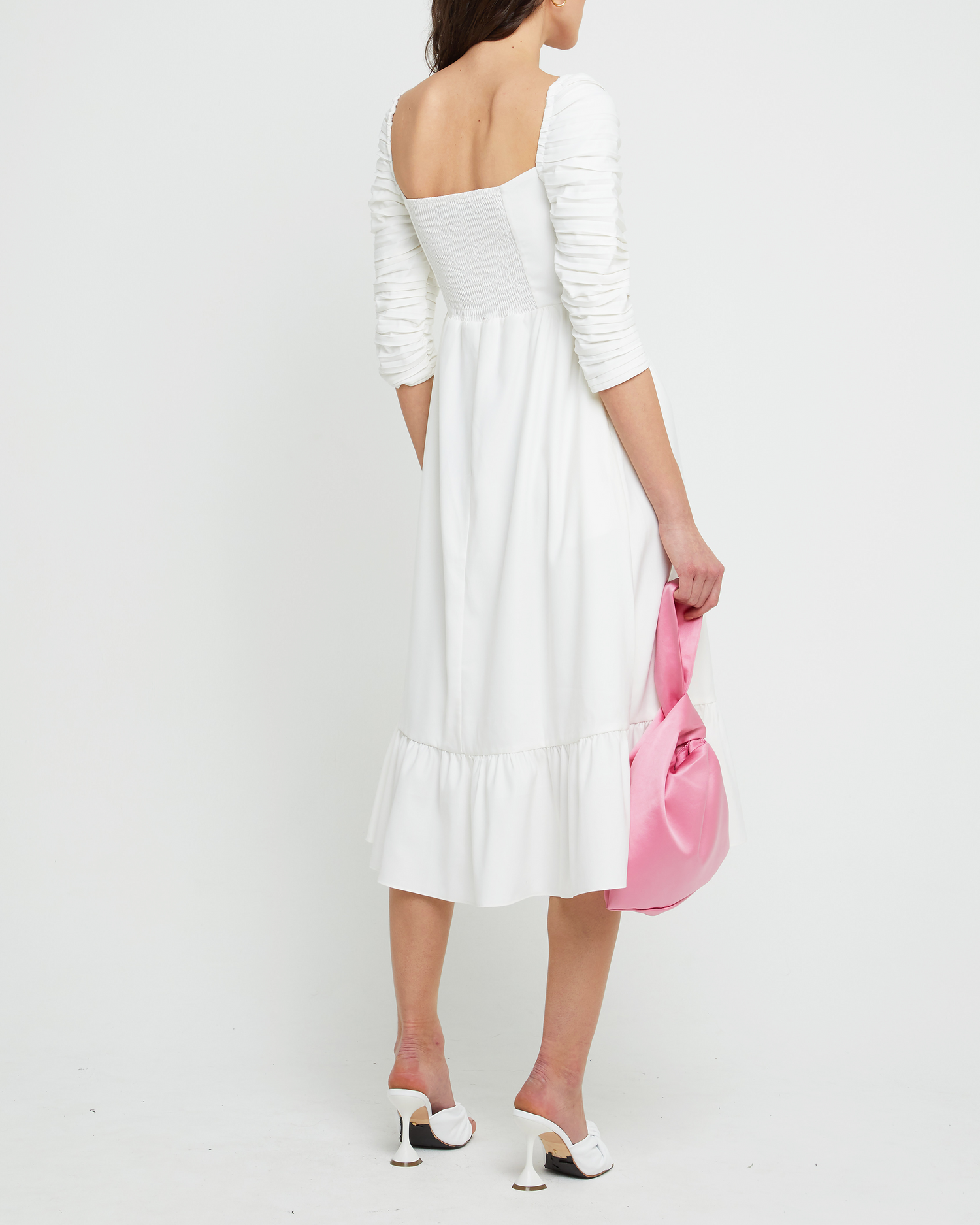Second image of Bonnie Dress, a white midi dress, ruched bodice, mid sleeves, 3/4 sleeves, square neckline