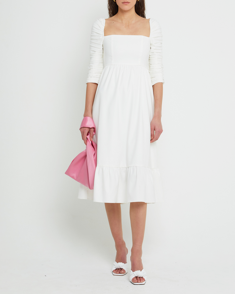 First image of Bonnie Dress, a white midi dress, ruched bodice, mid sleeves, 3/4 sleeves, square neckline