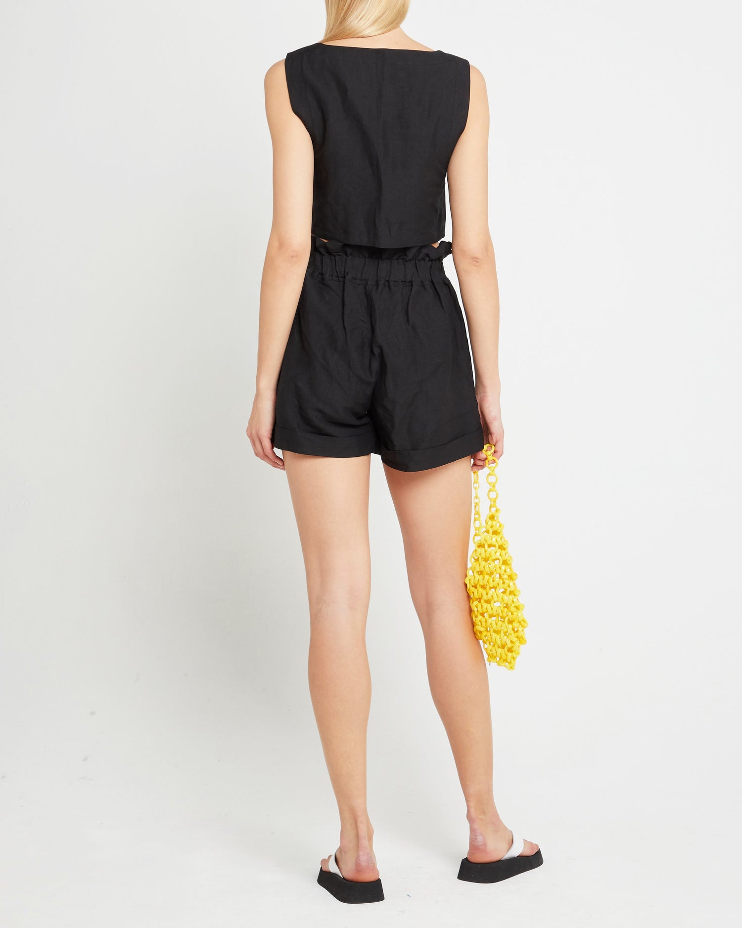 Fifth image of Vienna Set, a black top and shorts, linen, elastic, square neckline, pockets, tank