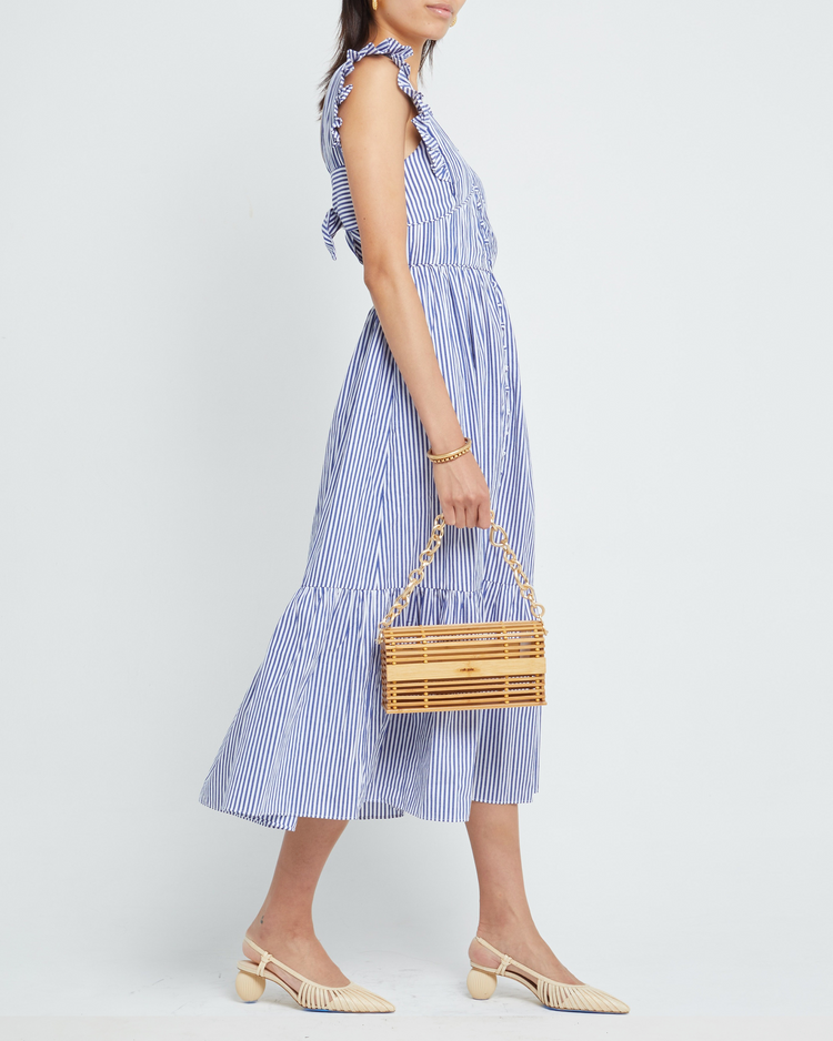 Third image of Stella Dress, a blue midi dress, ruffle sleeves, V-neck, lace, tiered
