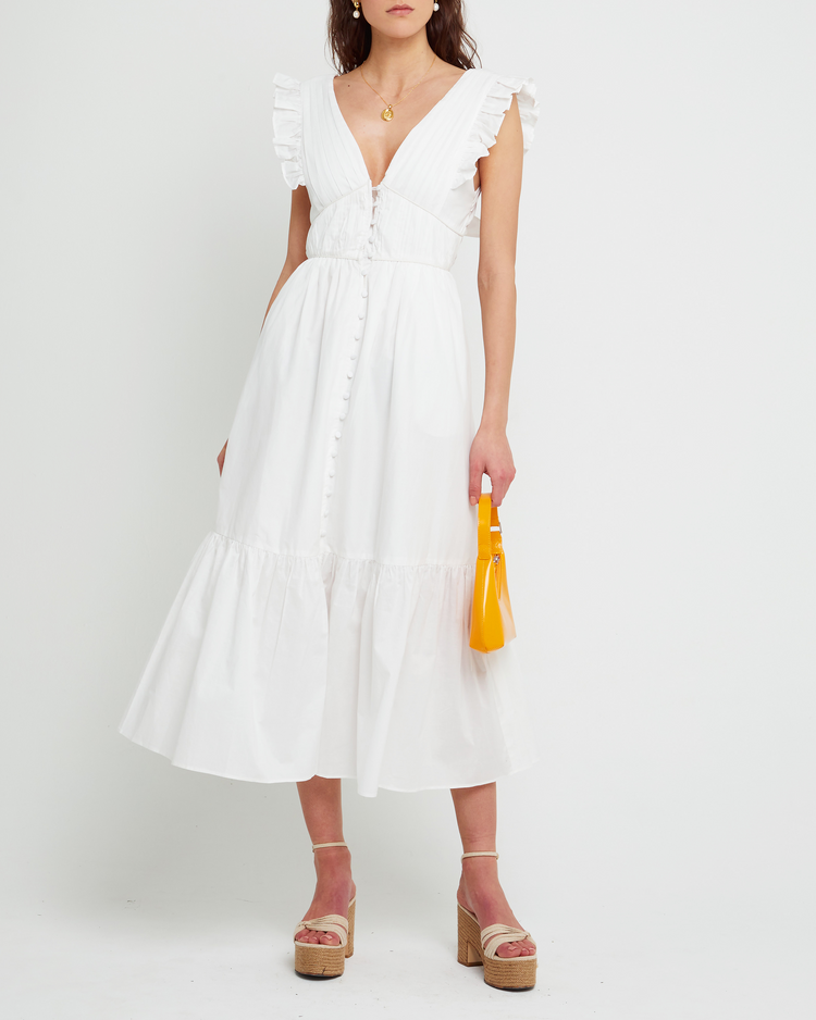 Fourth image of Stella Dress, a white midi dress, front buttons, ruffle sleeve, open back, tiered, tie, ribbon, bow