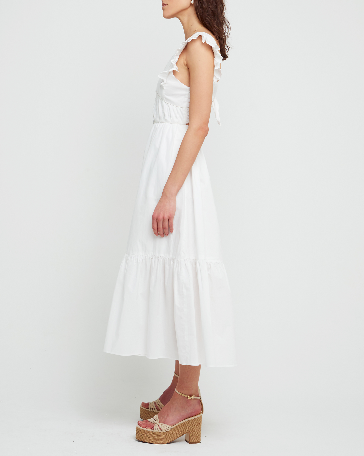 Fifth image of Stella Dress, a white midi dress, front buttons, ruffle sleeve, open back, tiered, tie, ribbon, bow