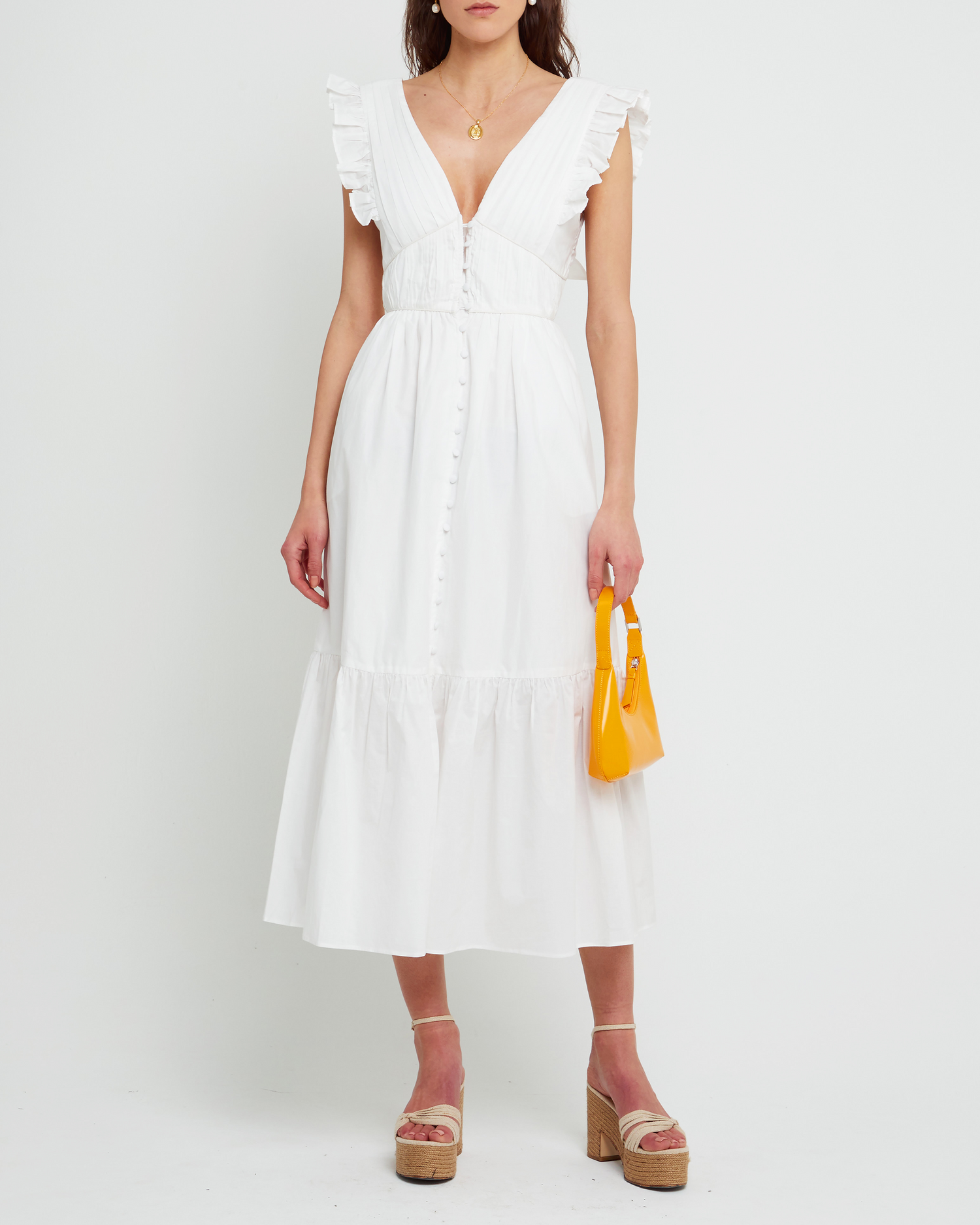 First image of Stella Dress, a white midi dress, front buttons, ruffle sleeve, open back, tiered, tie, ribbon, bow