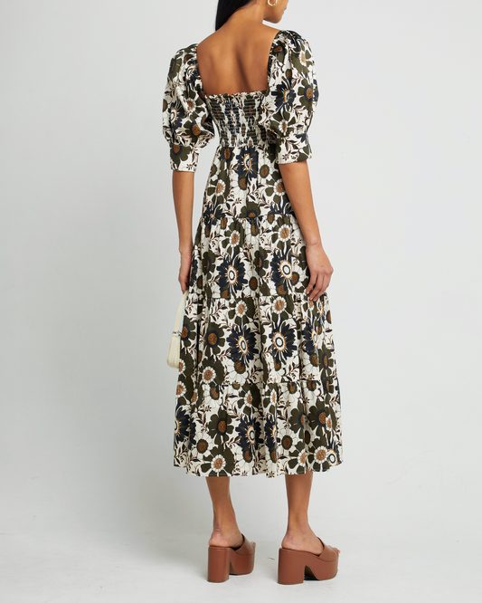 Second image of Sophia Dress, a floral midi dress, bold print, puff sleeves