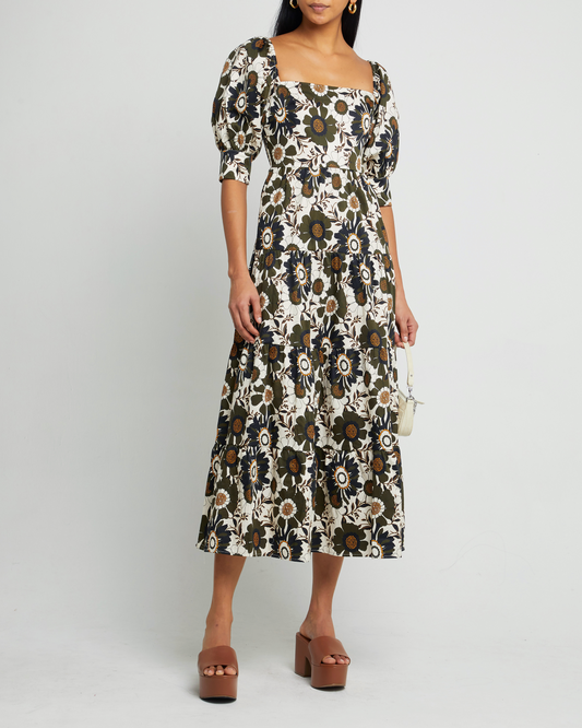 First image of Sophia Dress, a floral midi dress, bold print, puff sleeves