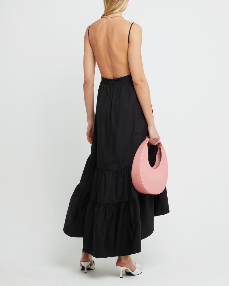 Second image of Dionne Cotton Dress, a black maxi dress, spaghette straps, high-low, high low skirt