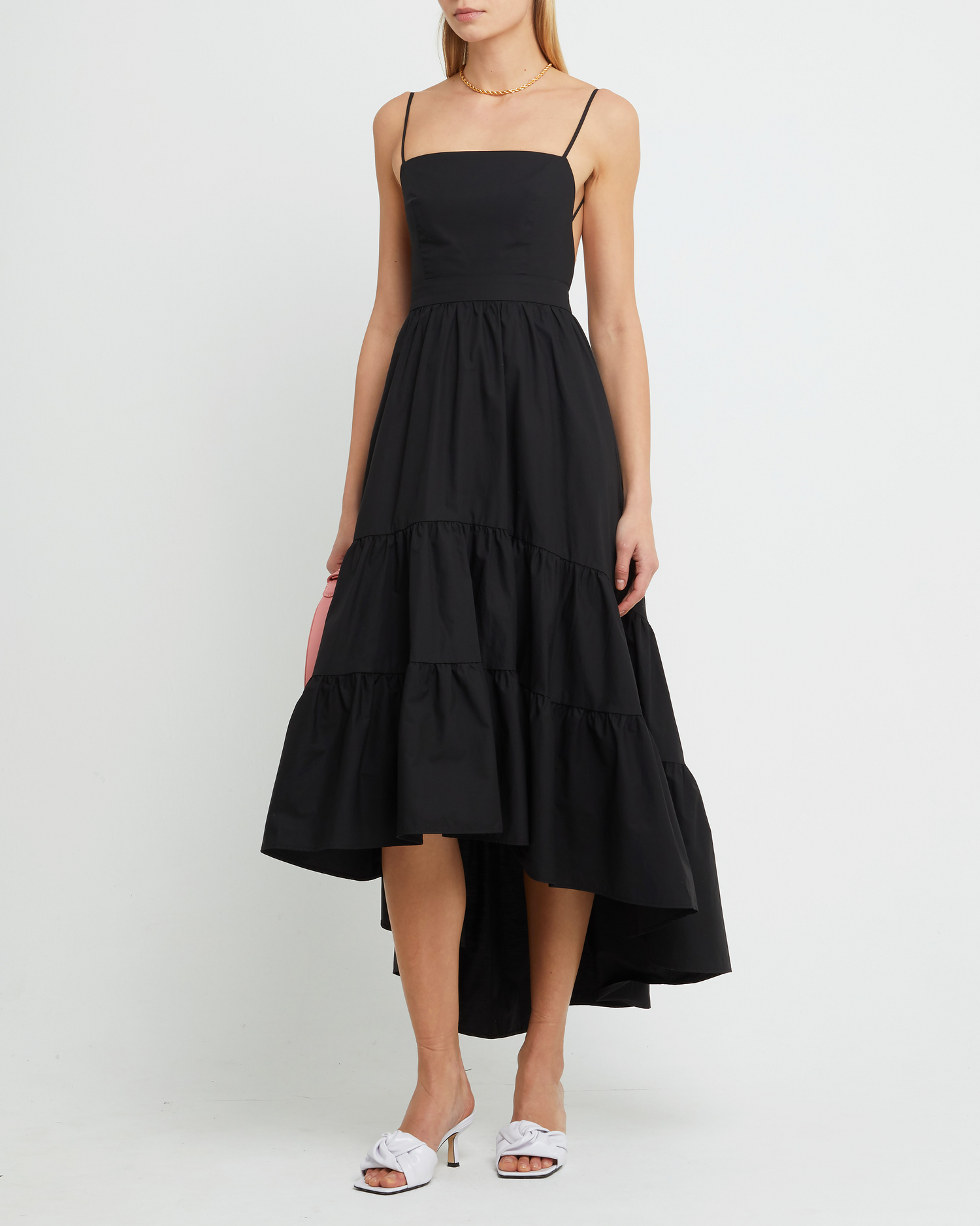 Fifth image of Dionne Cotton Dress, a black maxi dress, spaghette straps, high-low, high low skirt