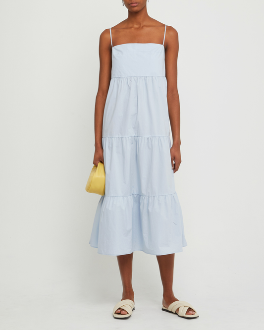 First image of Juniper Cotton Dress, a blue midi dress, spaghetti strap, tank, cami, tiered, babydoll maxi