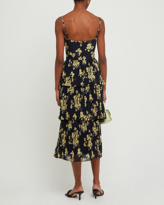 Second image of Paco Dress, a floral maxi dress, tiered, pleated, spaghetti strap, floral, fall