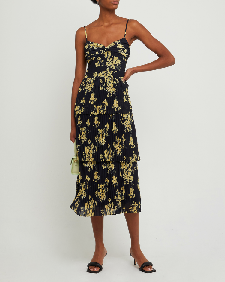 Fourth image of Paco Dress, a floral maxi dress, tiered, pleated, spaghetti strap, floral, fall